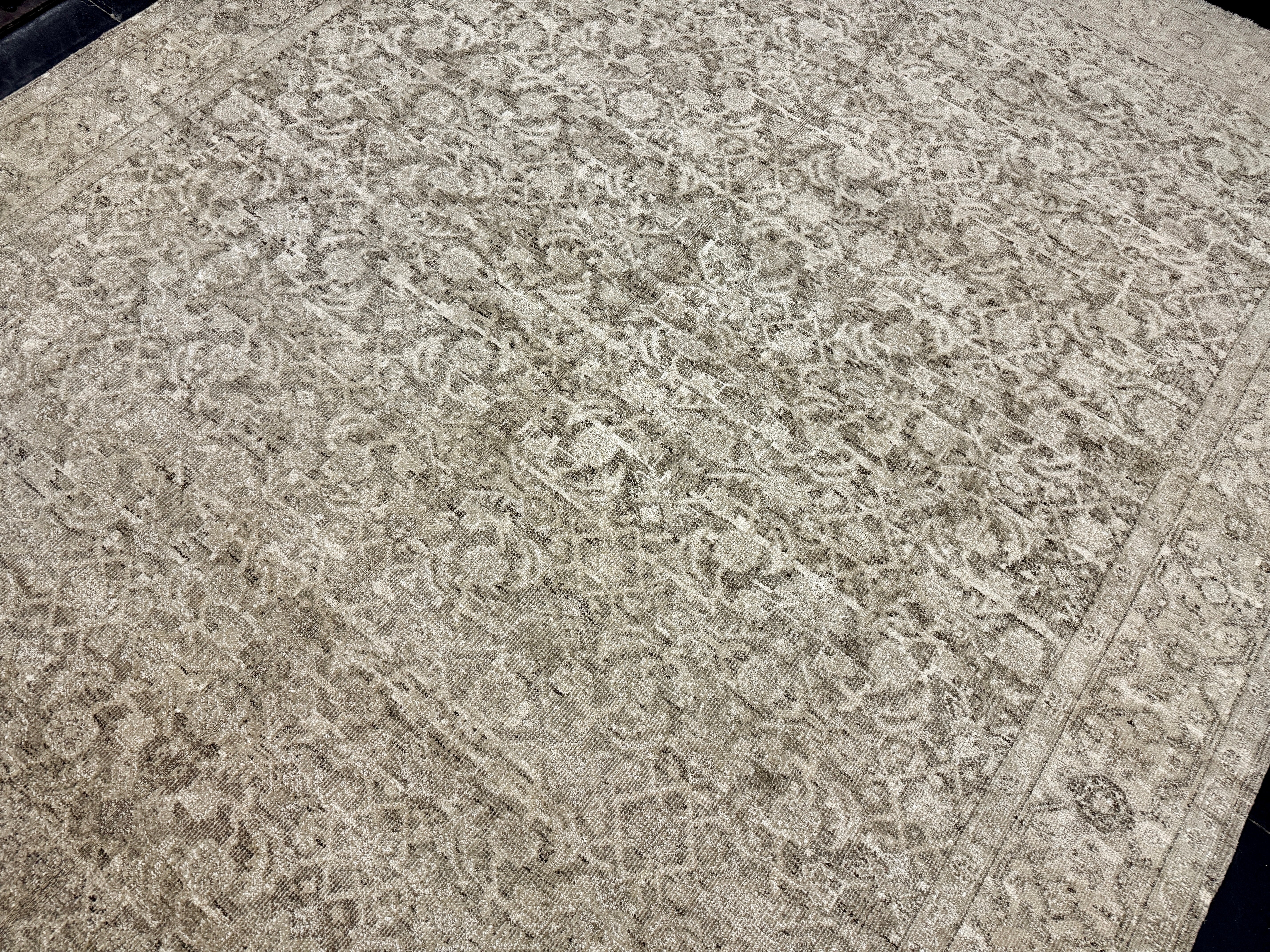 9’ x 11’11 Style Rug Pure Distressed Silk, Organic Wool + Allo Muted Stone Beige, Taupe & Charcoal LB23 Linda's Barn