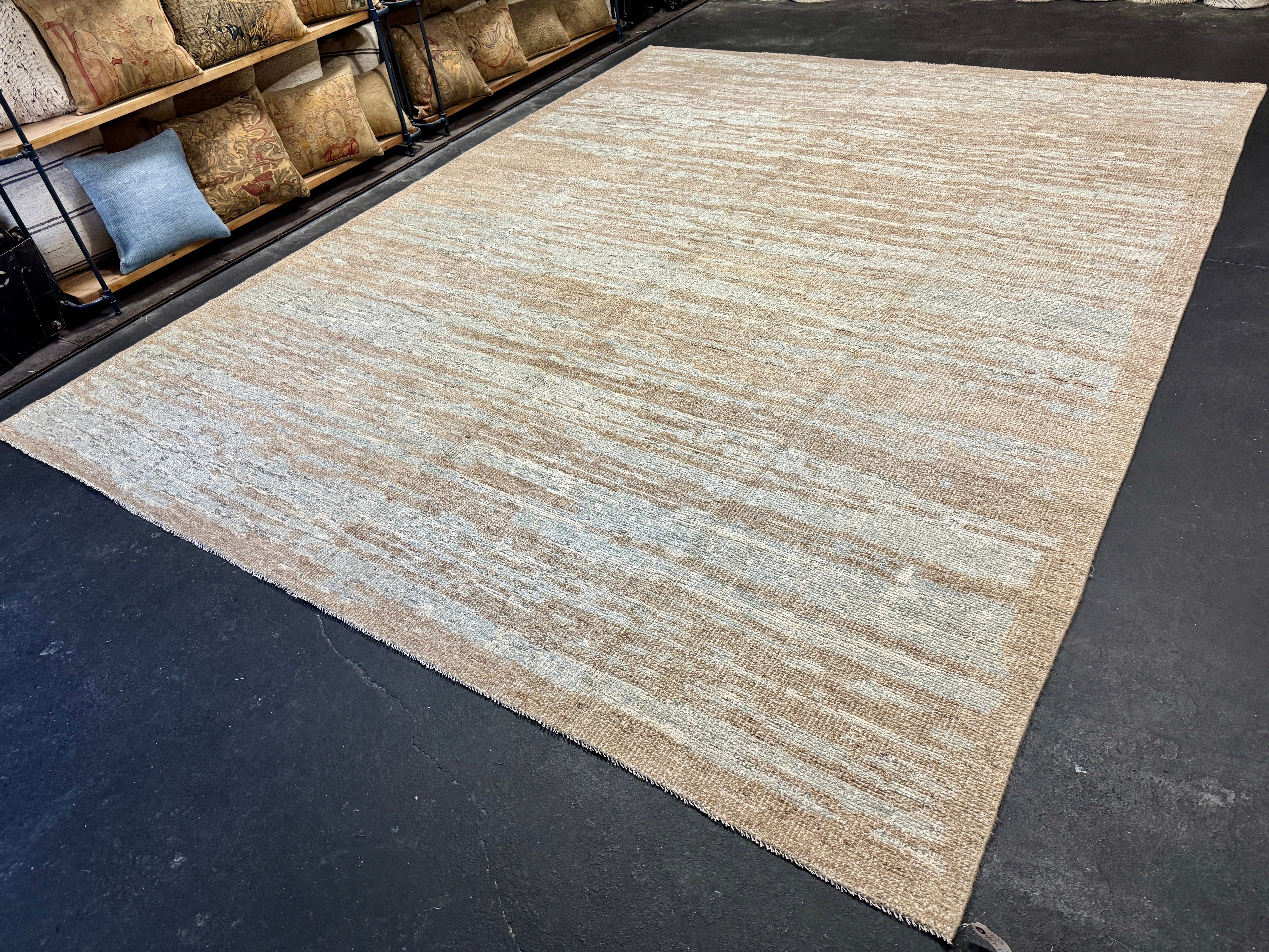 9’2 x 12’ Moroccan Style Rug Pure Soft Organic Wool Sea Foam Blue & Warm Beige LB38 Linda's Barn