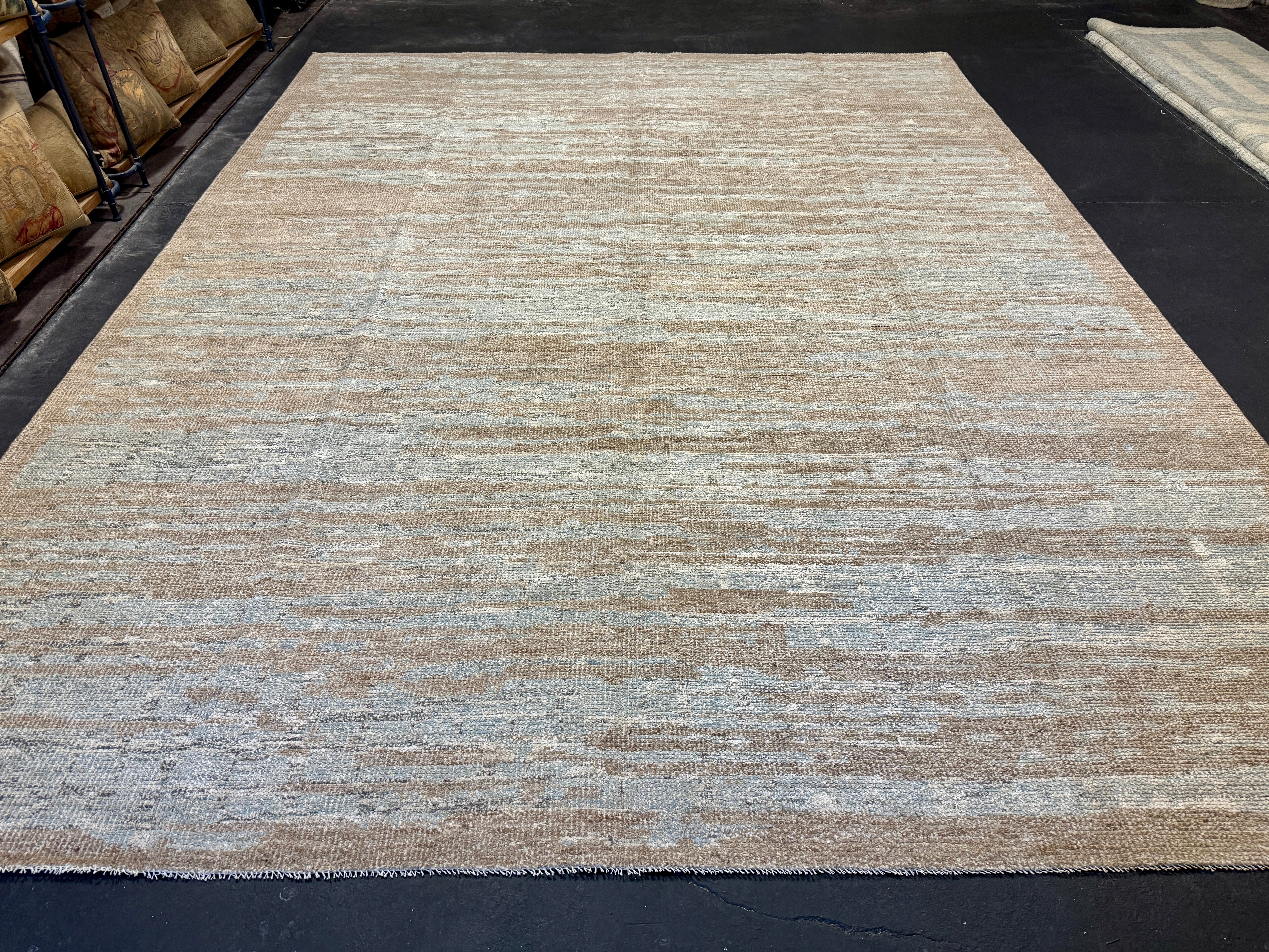 9’2 x 12’ Moroccan Style Rug Pure Soft Organic Wool Sea Foam Blue & Warm Beige LB38 Linda's Barn