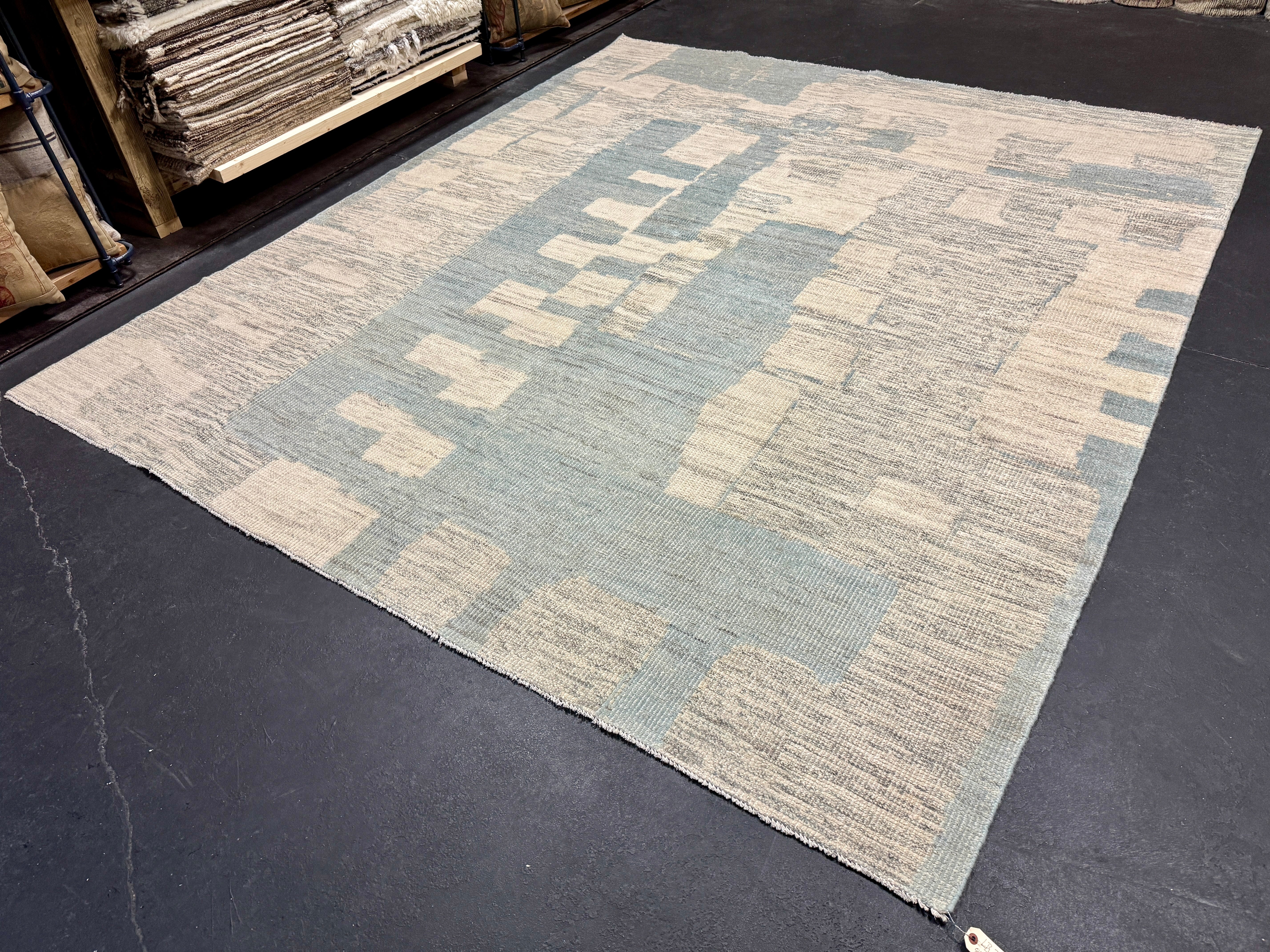 8’4 x 9’9 Moroccan Style Rug Pure Soft Organic Wool Denim Blue, Gray & Ivory Abstract LB33 Linda's Barn