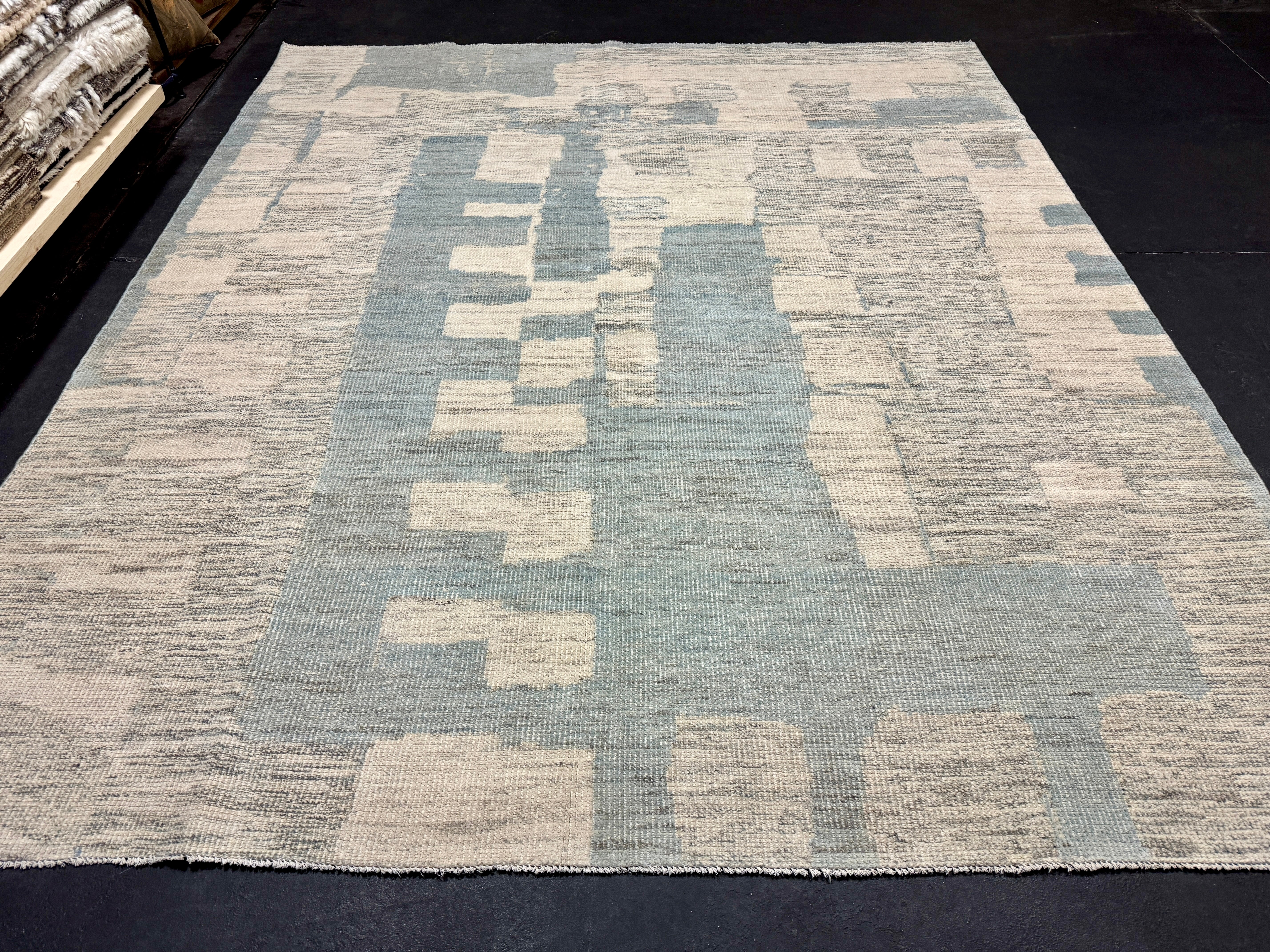 8’4 x 9’9 Moroccan Style Rug Pure Soft Organic Wool Denim Blue, Gray & Ivory Abstract LB33 Linda's Barn