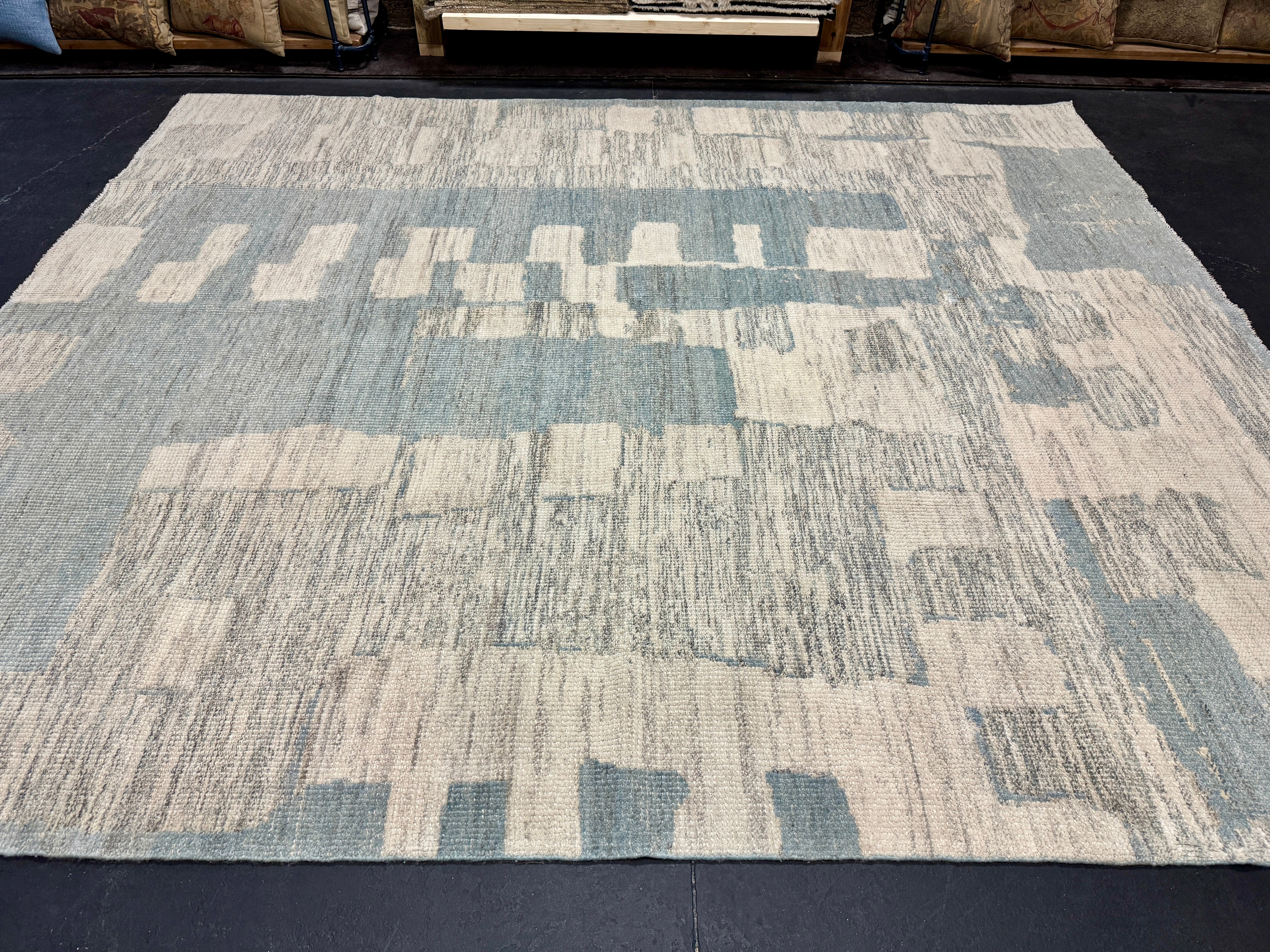 8’4 x 9’9 Moroccan Style Rug Pure Soft Organic Wool Denim Blue, Gray & Ivory Abstract LB33 Linda's Barn