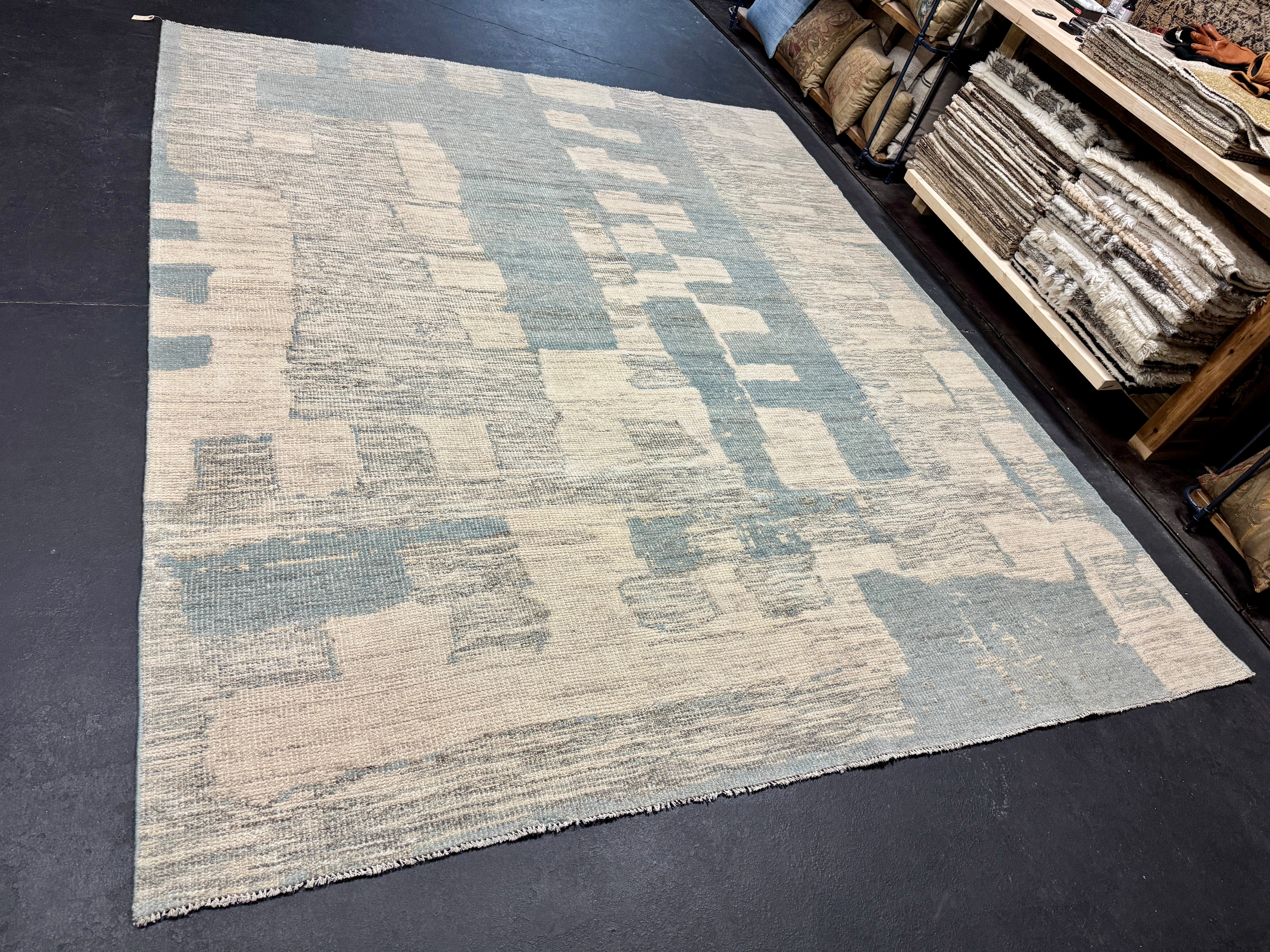 8’4 x 9’9 Moroccan Style Rug Pure Soft Organic Wool Denim Blue, Gray & Ivory Abstract LB33 Linda's Barn