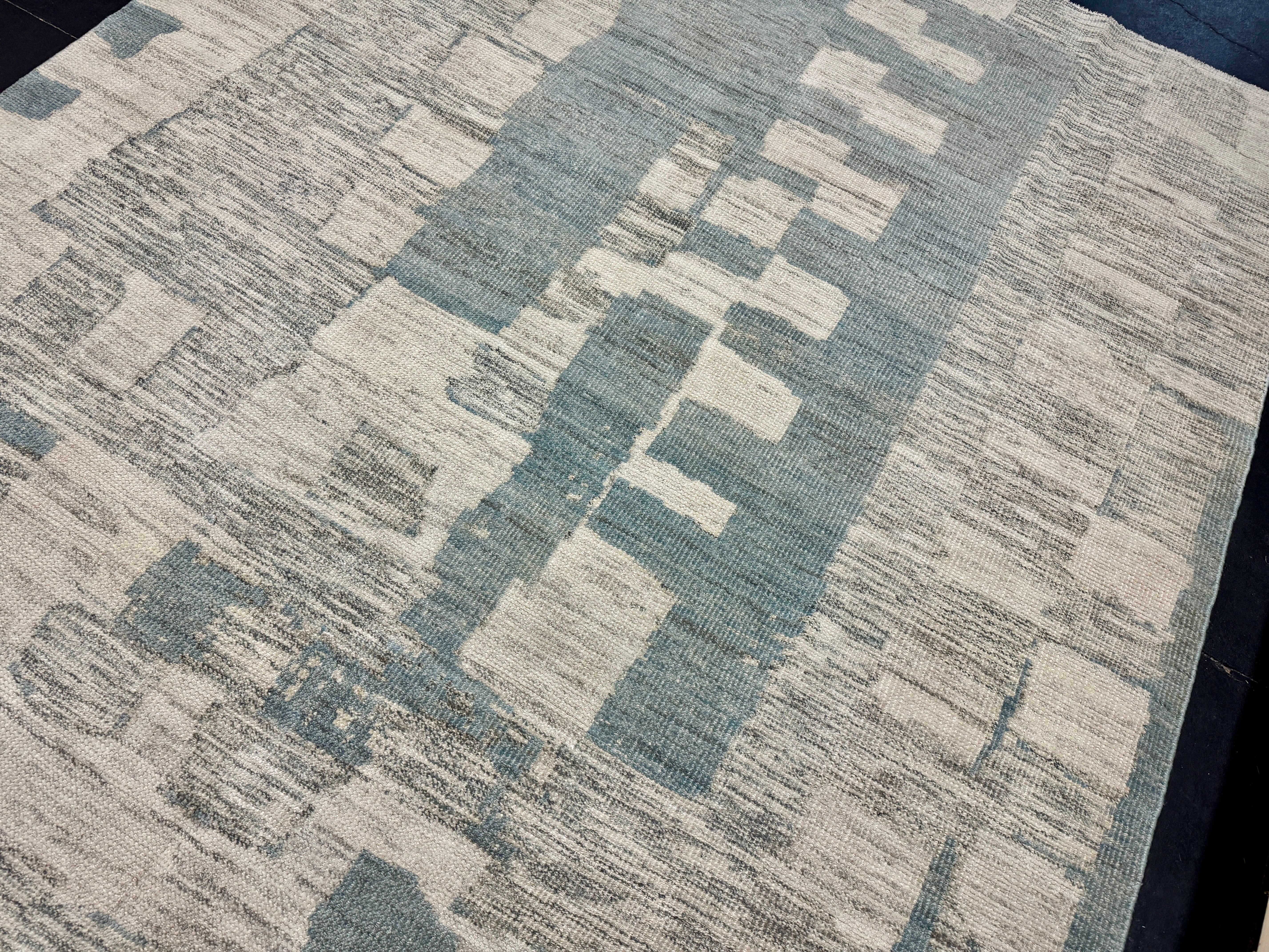 8’4 x 9’9 Moroccan Style Rug Pure Soft Organic Wool Denim Blue, Gray & Ivory Abstract LB33 Linda's Barn