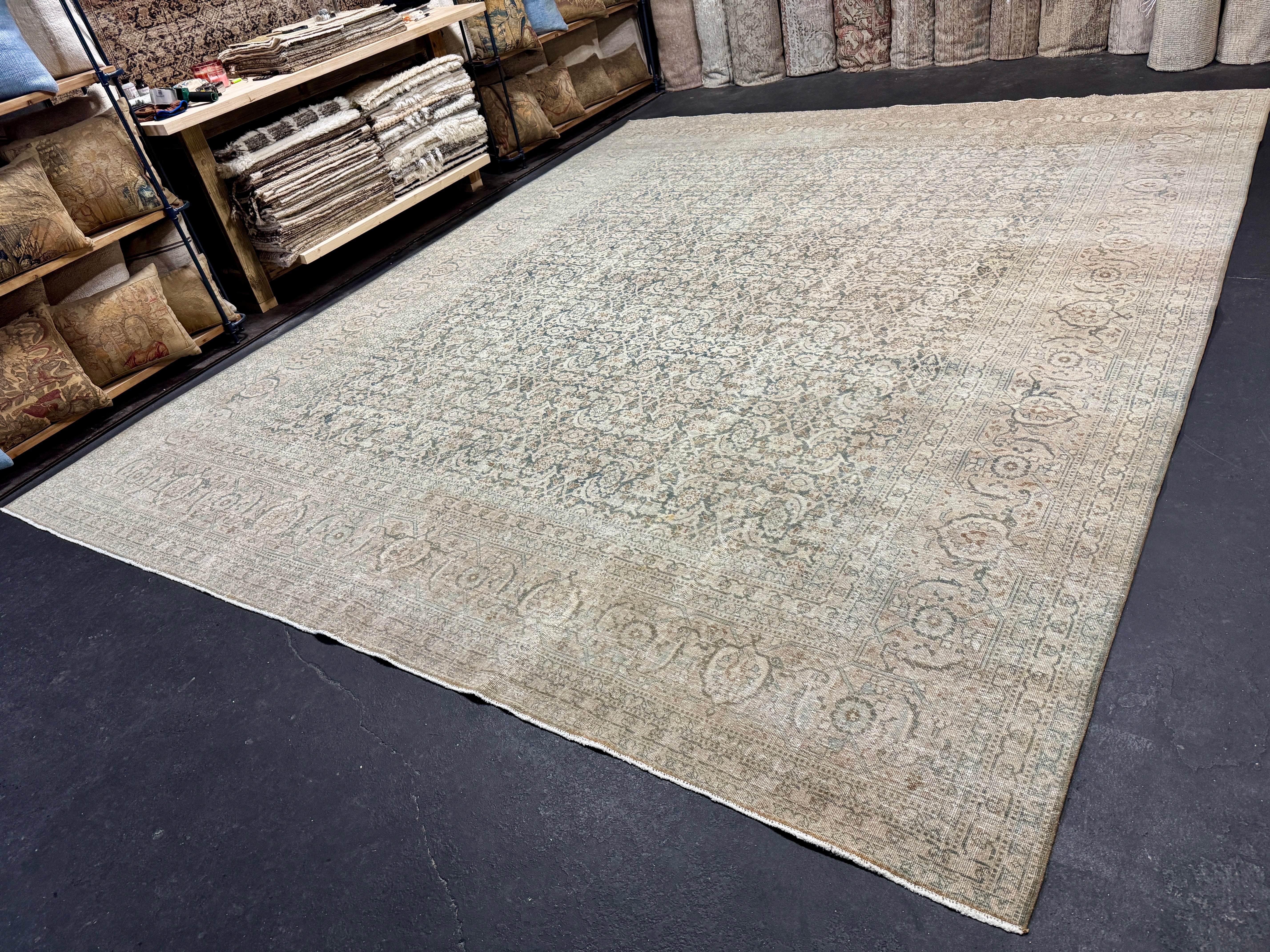 10’5 x 13’1 Classic Antique Rug Muted  Gray-Beige, Denim, Teal & Camel 5778 Linda's Barn