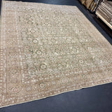 8’2 x 9’9 Vintage Oushak Rug Muted Sage Green, Taupe & Light Brown 5784