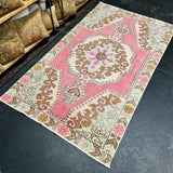 4’4 x 7’5 Vintage Oushak Rug Muted Pink, Seafoam Green & Caramel