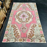 4’4 x 7’5 Vintage Oushak Rug Muted Pink, Seafoam Green & Caramel