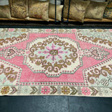 4’4 x 7’5 Vintage Oushak Rug Muted Pink, Seafoam Green & Caramel