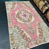 4’4 x 7’5 Vintage Oushak Rug Muted Pink, Seafoam Green & Caramel