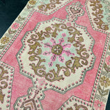 4’4 x 7’5 Vintage Oushak Rug Muted Pink, Seafoam Green & Caramel