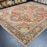 10’4 x 14’ Classic Vintage Heriz Rug Muted Clay, Cream, Rust & Blue