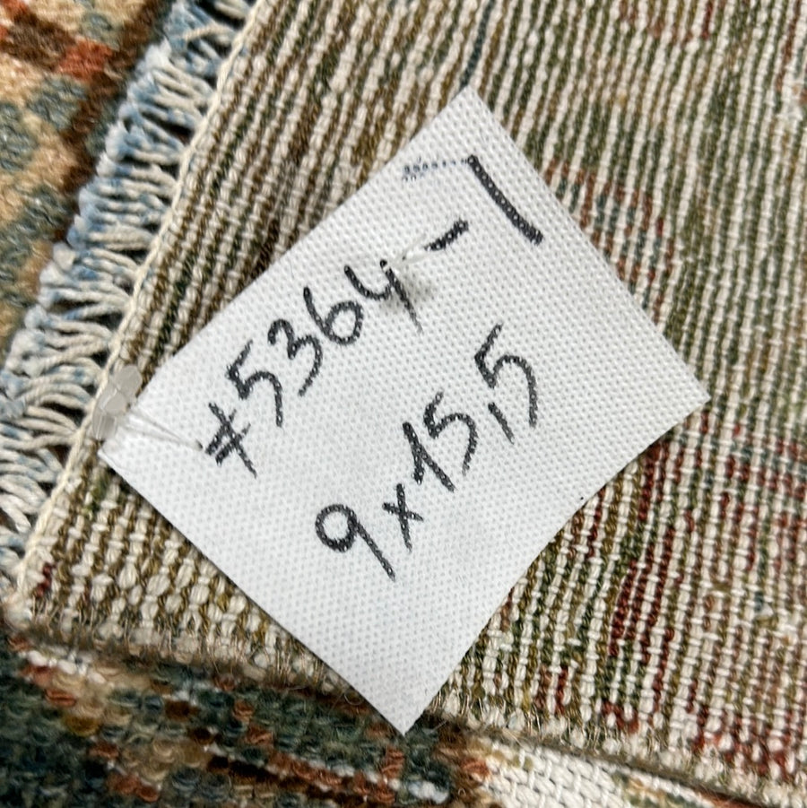 9’ x 15’5 Rare Antique Rug Green, Brown, Burnt Orange & Camel Gold