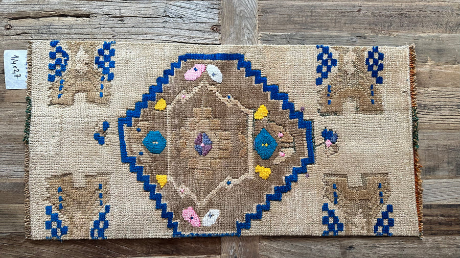 1’4 x 2’7 Antique Cappadocian Rug Muted Camel Beige + Indigo Blue