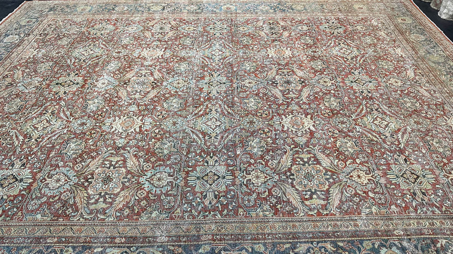 12’4 x 16’ Classic Antique Rug Muted Denim Blue, Red & Pale Peach + Green