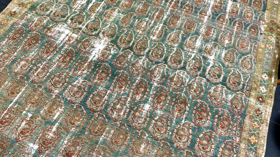 9’ x 15’5 Rare Antique Rug Green, Brown, Burnt Orange & Camel Gold