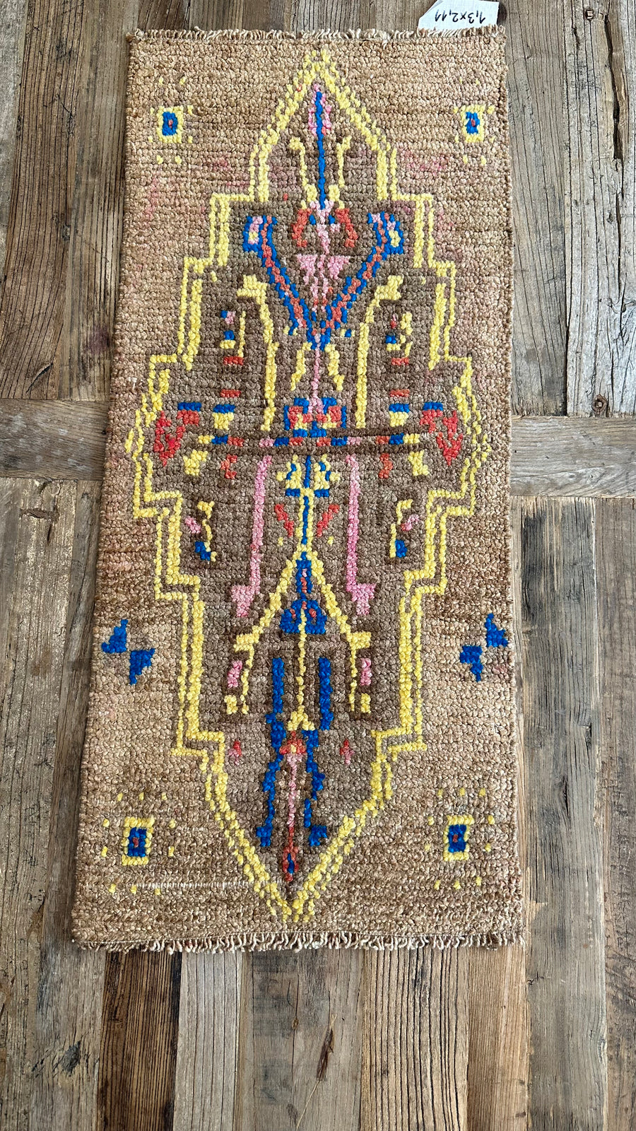 1’3 x 2’11 Antique Kars Rug Muted Camel Beige + Blue & Yellow