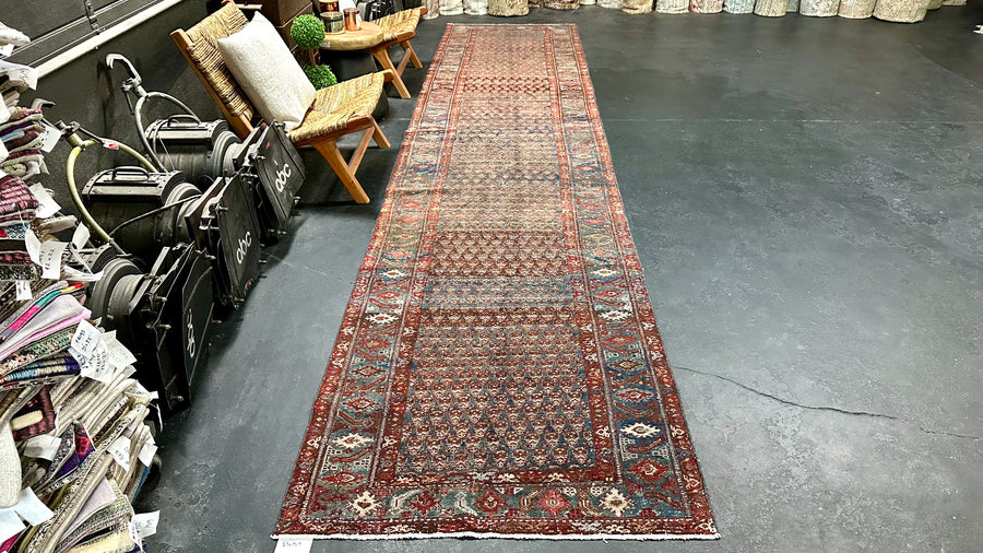 3’5 x 15’9 Classic Antique Runner Muted Navy Blue, Wine and Brown