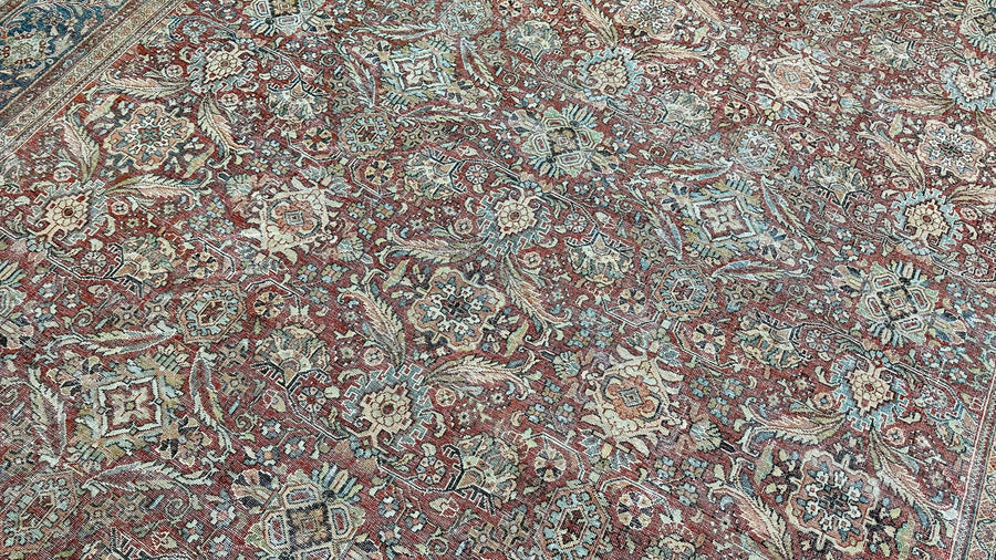 12’4 x 16’ Classic Antique Rug Muted Denim Blue, Red & Pale Peach + Green