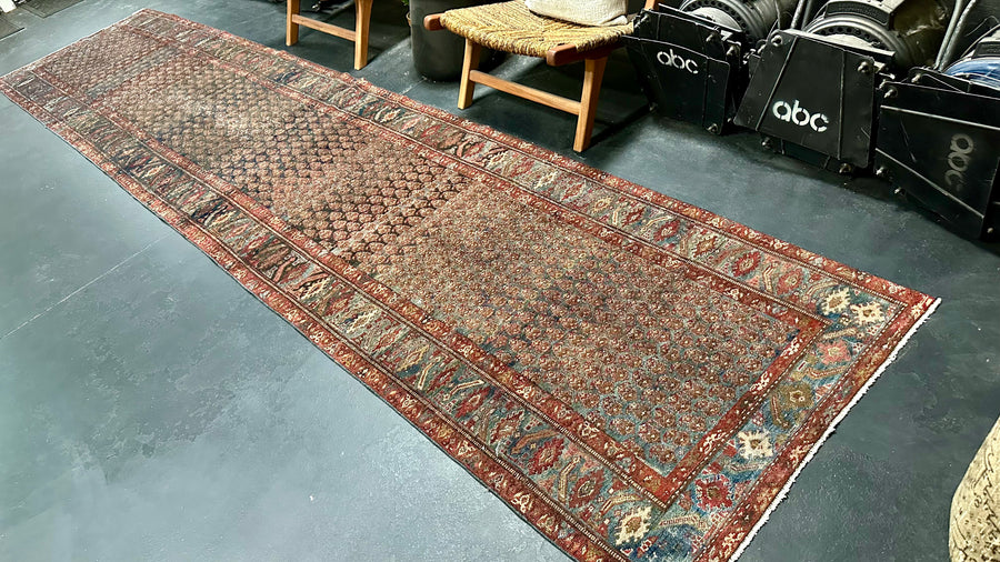 3’5 x 15’9 Classic Antique Runner Muted Navy Blue, Wine and Brown