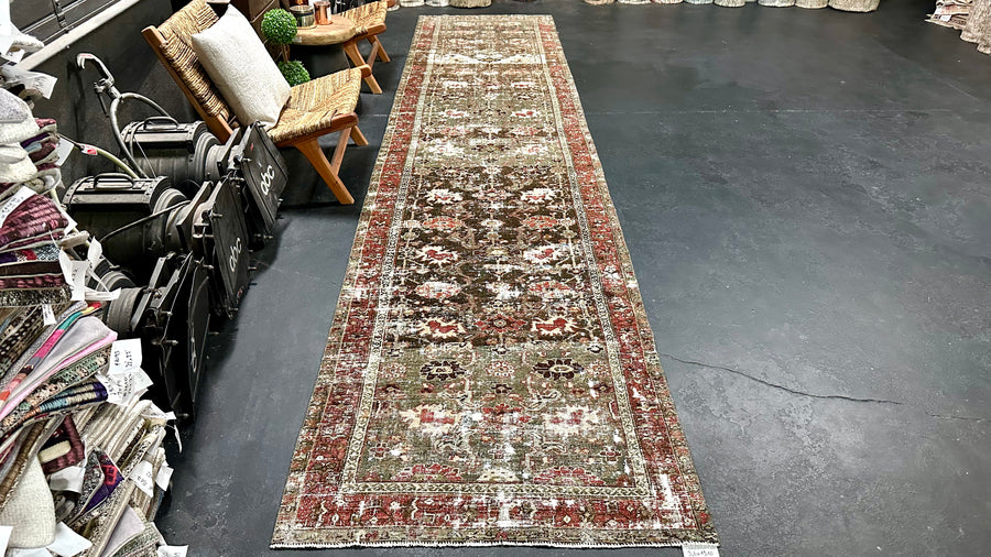 3’6 x 15’10 Classic Antique Runner Muted Clay Green, Wine & Brown