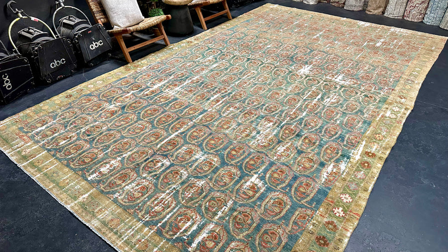 9’ x 15’5 Rare Antique Rug Green, Brown, Burnt Orange & Camel Gold