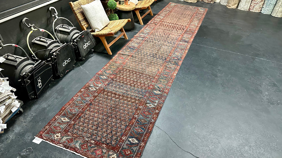 3’5 x 15’9 Classic Antique Runner Muted Navy Blue, Wine and Brown