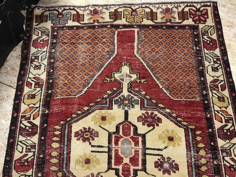 Turkish Oushak Rug 1960's 3’9 x 7’4 Deep Brick Red, Black + Cream