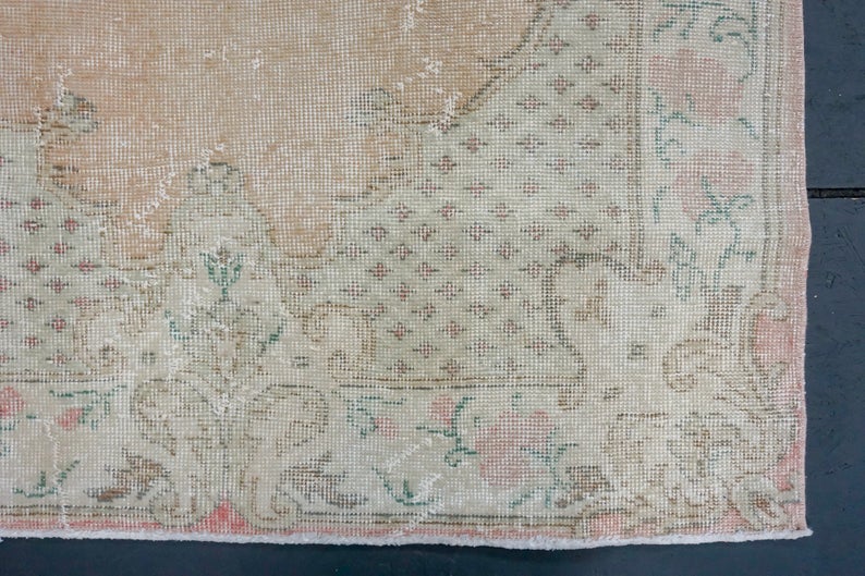 4 X 7 Oushak Rug Faded Blush Green & Pink + Roses