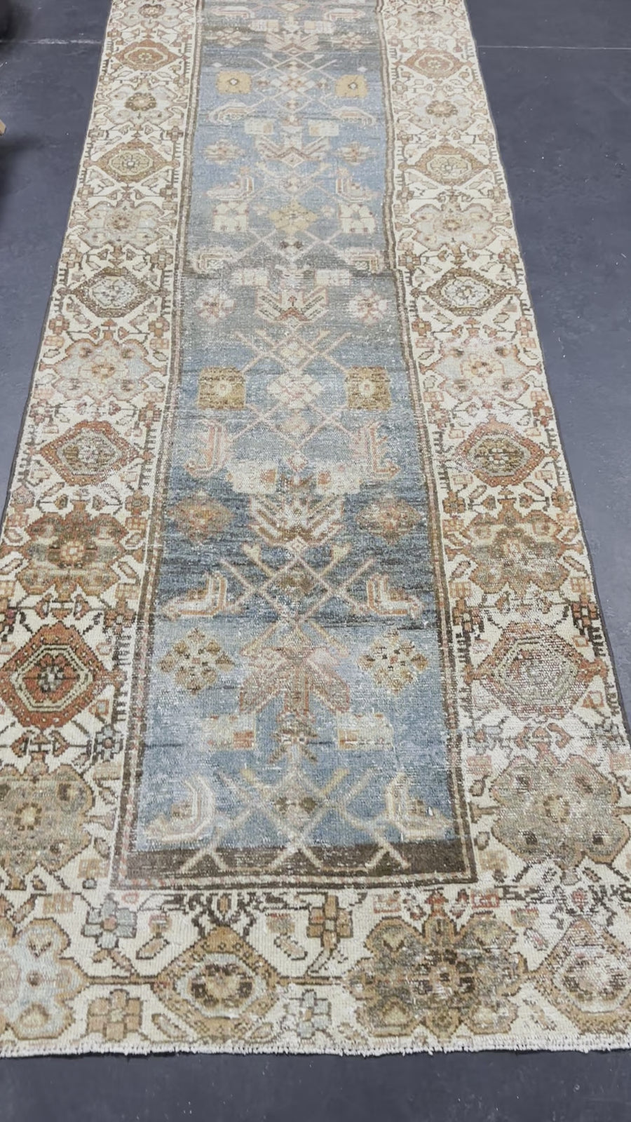 3’2 x 14’2 Classic Antique Runner Muted Turquoise Blue, Burnt Orange & Brown