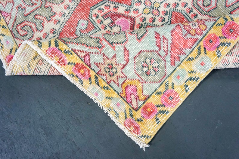 4'1 x 7'5  Oushak Rug Pale Red, Yellow & Green