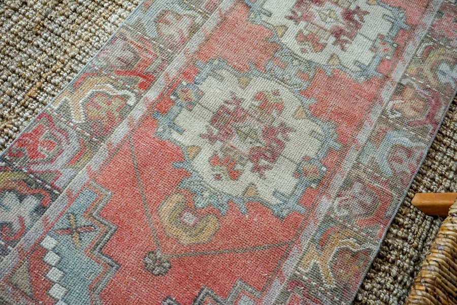 2’10 x 9’6 Vintage Turkish Runner Muted  Red, Blue and Gray