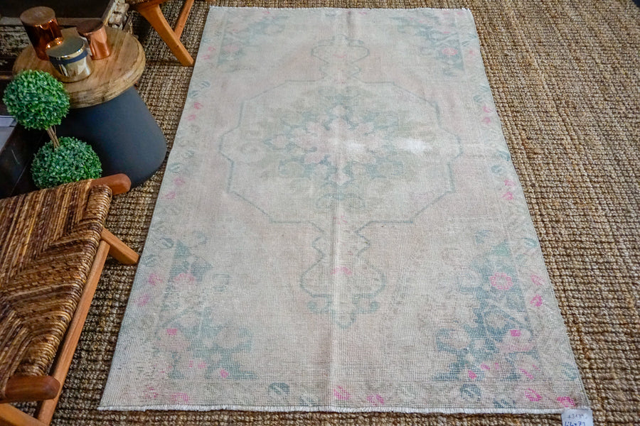 4’4 x 7’1 Oushak Rug Muted Pink and Green Vintage Carpet