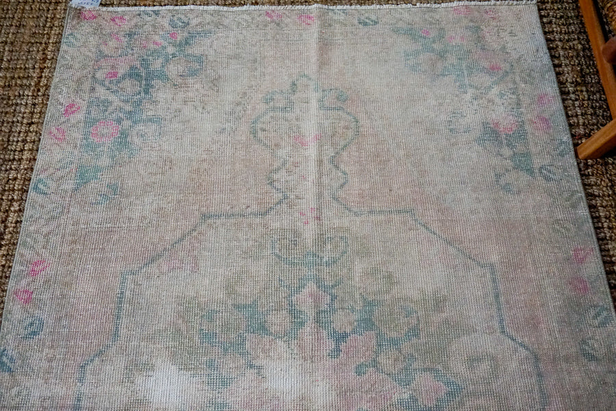 4’4 x 7’1 Oushak Rug Muted Pink and Green Vintage Carpet