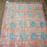 4’ x 7’2 Oushak Rug Beige with Salmon and Turquoise Blue Roses Vintage Carpet