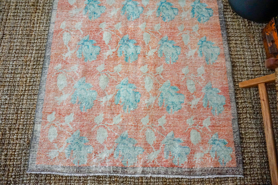 4’ x 7’2 Oushak Rug Beige with Salmon and Turquoise Blue Roses Vintage Carpet