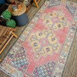 3’10 x 8’5 Oushak Rug Muted Red, Golden Apricot and Gray Vintage Carpet '3143