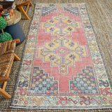 3’10 x 8’5 Oushak Rug Muted Red, Golden Apricot and Gray Vintage Carpet '3143