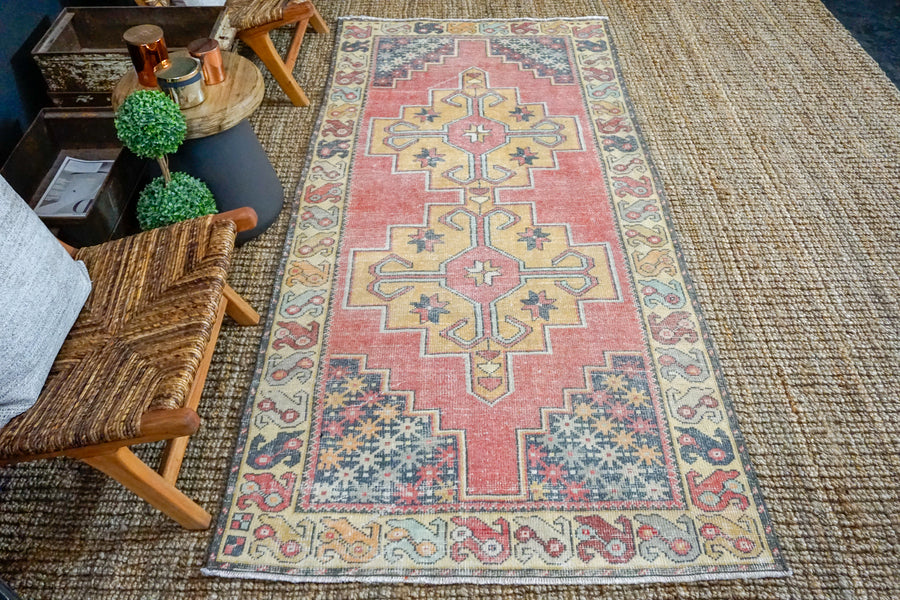 3’10 x 8’5 Oushak Rug Muted Red, Golden Apricot and Gray Vintage Carpet