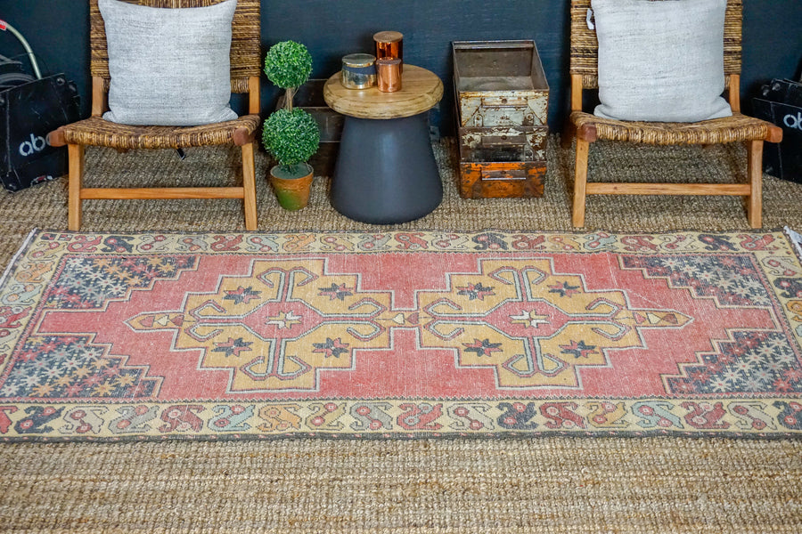 3’10 x 8’5 Oushak Rug Muted Red, Golden Apricot and Gray Vintage Carpet