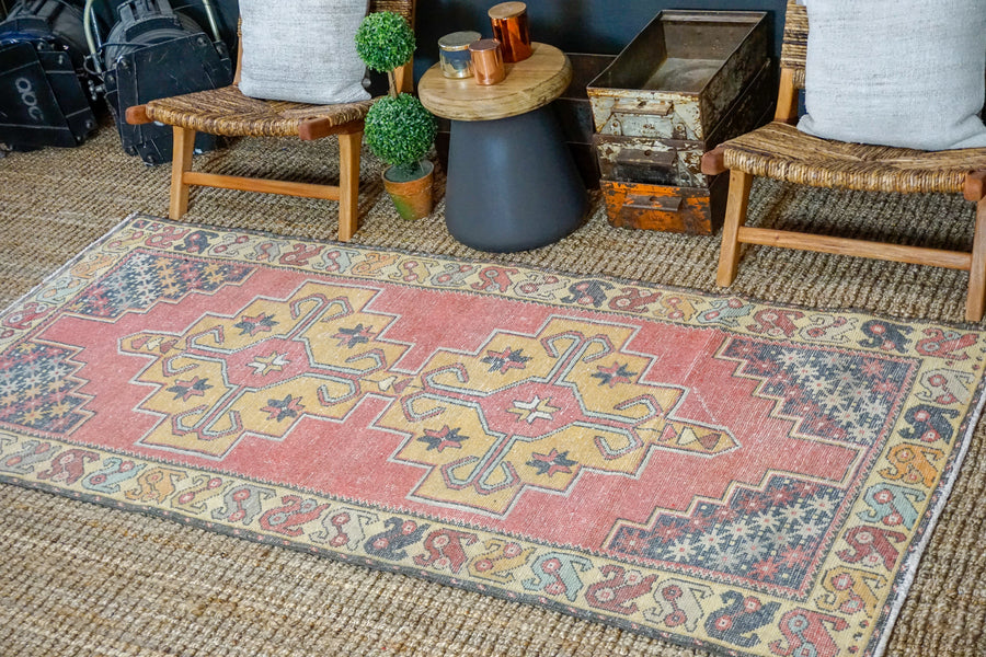 3’10 x 8’5 Oushak Rug Muted Red, Golden Apricot and Gray Vintage Carpet