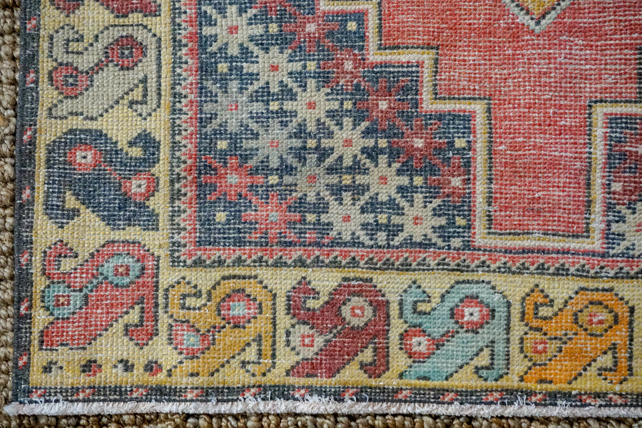 3’10 x 8’5 Oushak Rug Muted Red, Golden Apricot and Gray Vintage Carpet