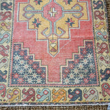 3’10 x 8’5 Oushak Rug Muted Red, Golden Apricot and Gray Vintage Carpet '3143