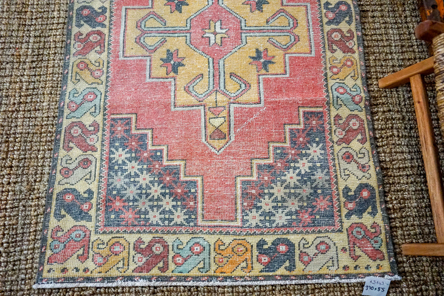 3’10 x 8’5 Oushak Rug Muted Red, Golden Apricot and Gray Vintage Carpet
