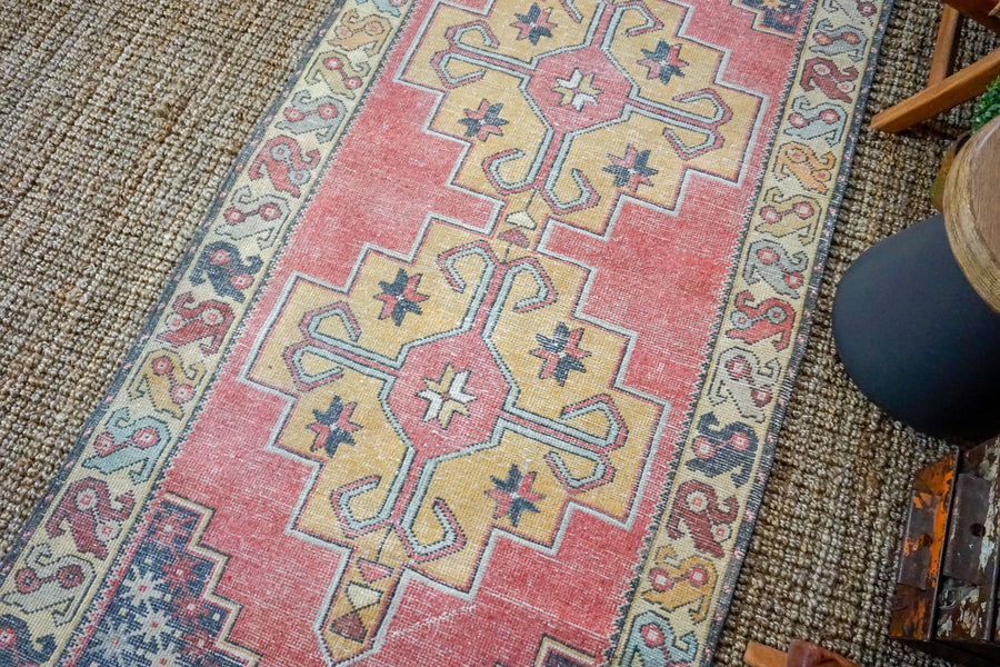 3’10 x 8’5 Oushak Rug Muted Red, Golden Apricot and Gray Vintage Carpet