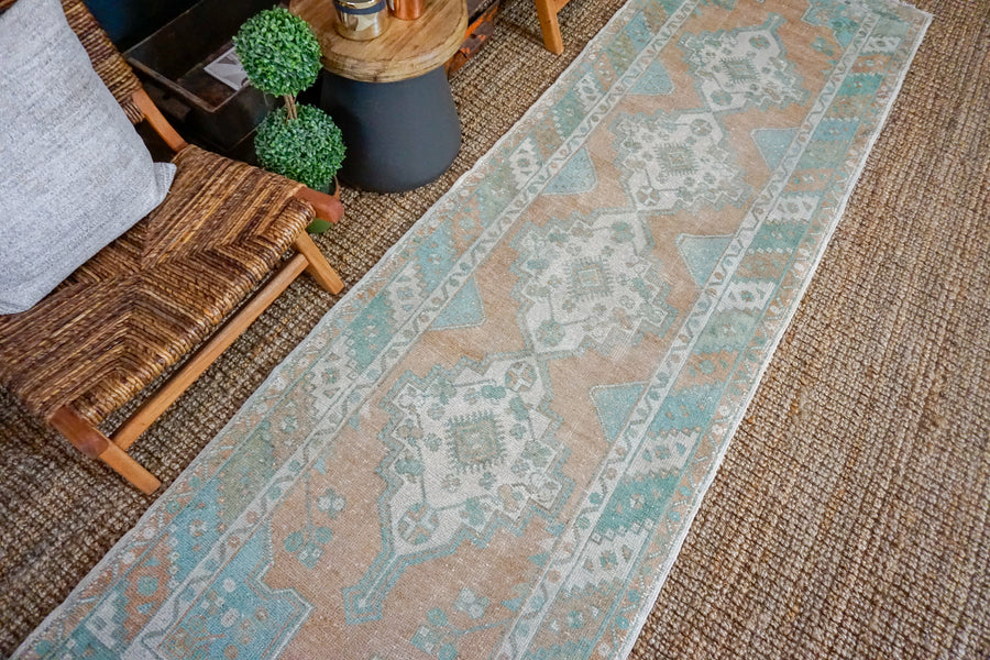 3’3 x 10’7 Vintage Turkish Runner Muted Copper, Mint Green and Cream
