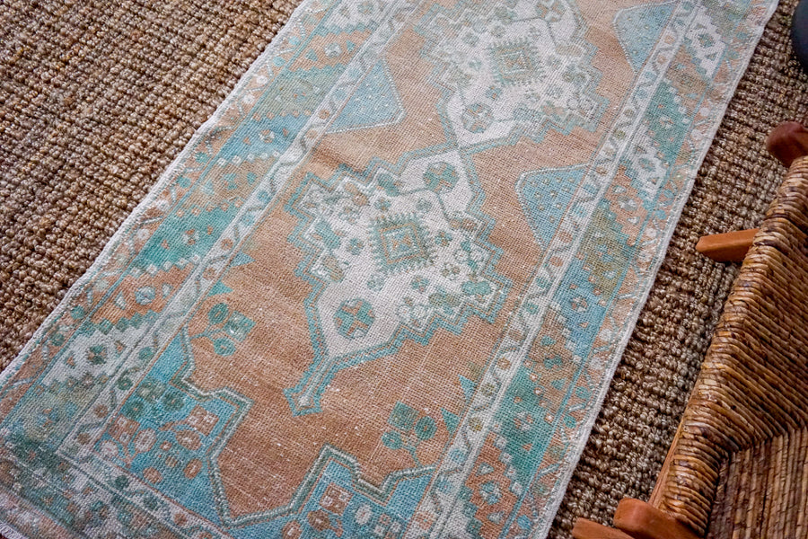 3’3 x 10’7 Vintage Turkish Runner Muted Copper, Mint Green and Cream
