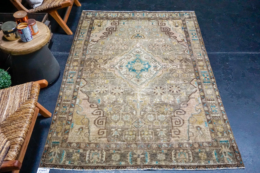 4’6 x 6’7 Classic Vintage Carpet Muted Taupe Brown, Mocha, Turquoise and Camel Rug