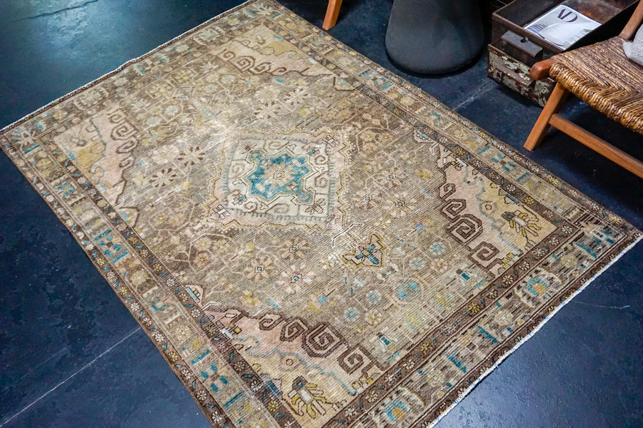 4’6 x 6’7 Classic Vintage Carpet Muted Taupe Brown, Mocha, Turquoise and Camel Rug