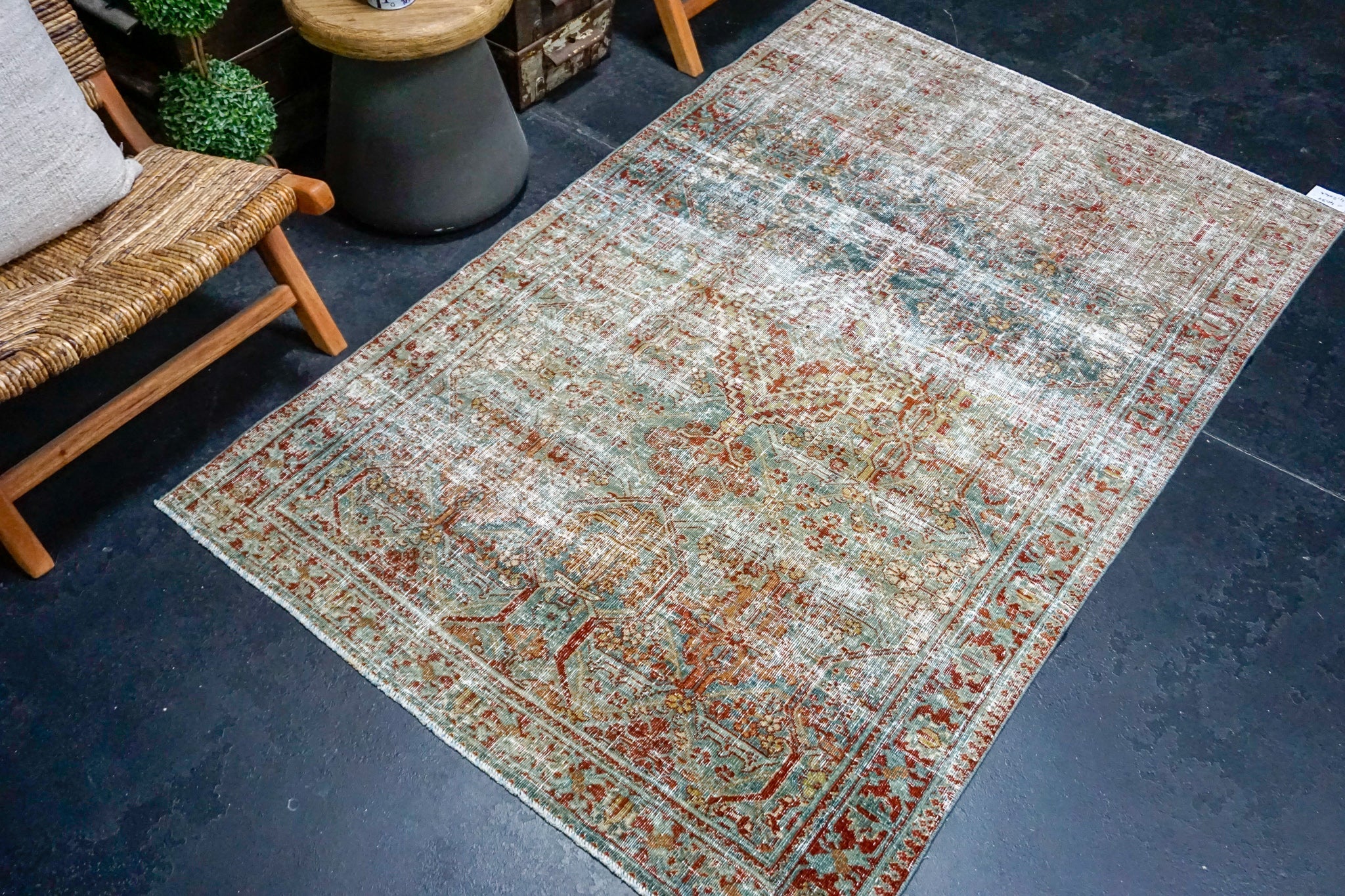 4’2 x 6’6 Classic Vintage Carpet Muted Sea Blue, Olive, Turquoise + Red Rug 4031 Linda's Barn